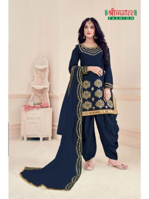 designer navy blue real mirror patial suit for women, patial suit made from battalion silk fabric with thread embroidery and real mirror hand work finish, shreematee fashion real mirror patiala suit collection