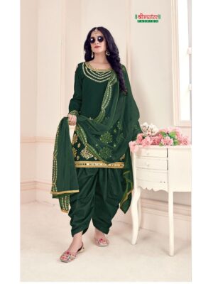 designer green real mirror patial suit for women, patial suit made from battalion silk fabric with thread embroidery and real mirror hand work finish, shreematee fashion real mirror patiala suit collection