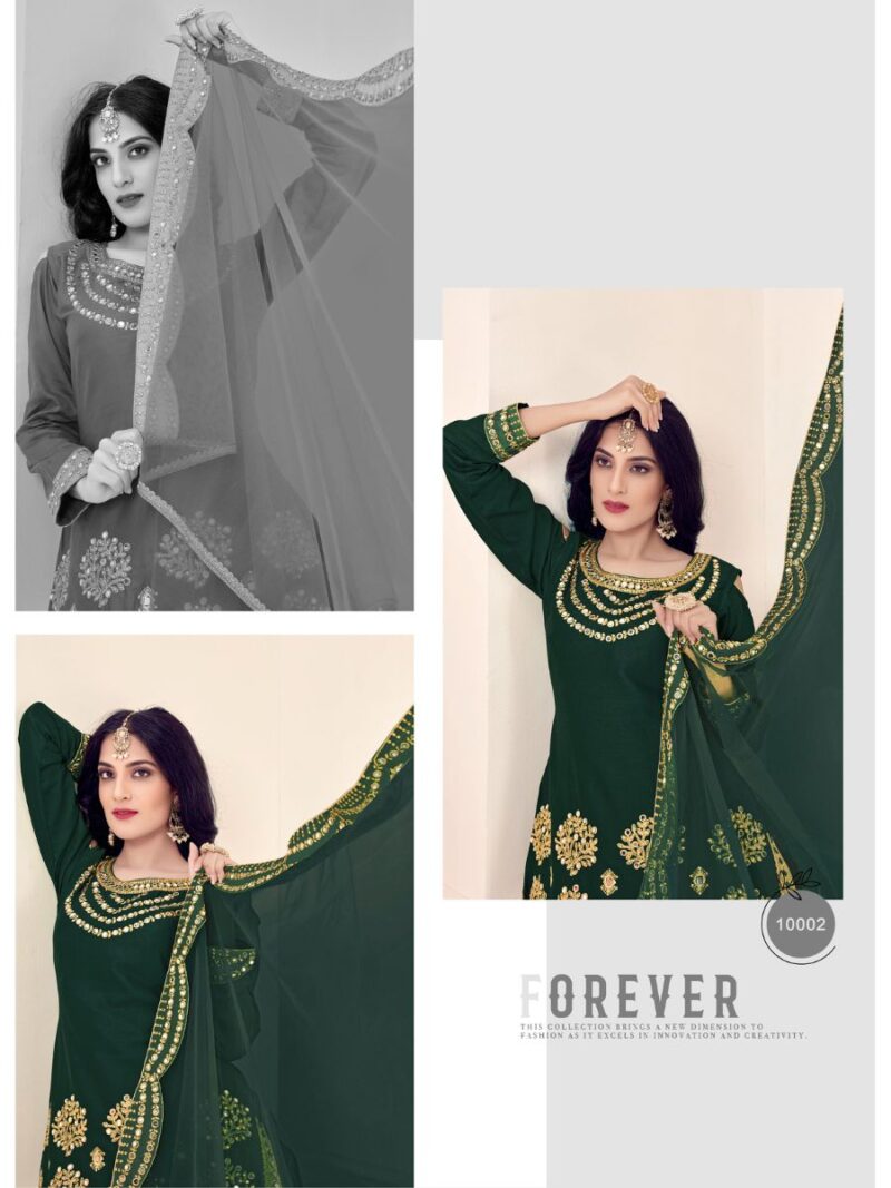 designer green real mirror patial suit for women, patial suit made from battalion silk fabric with thread embroidery and real mirror hand work finish, shreematee fashion real mirror patiala suit collection