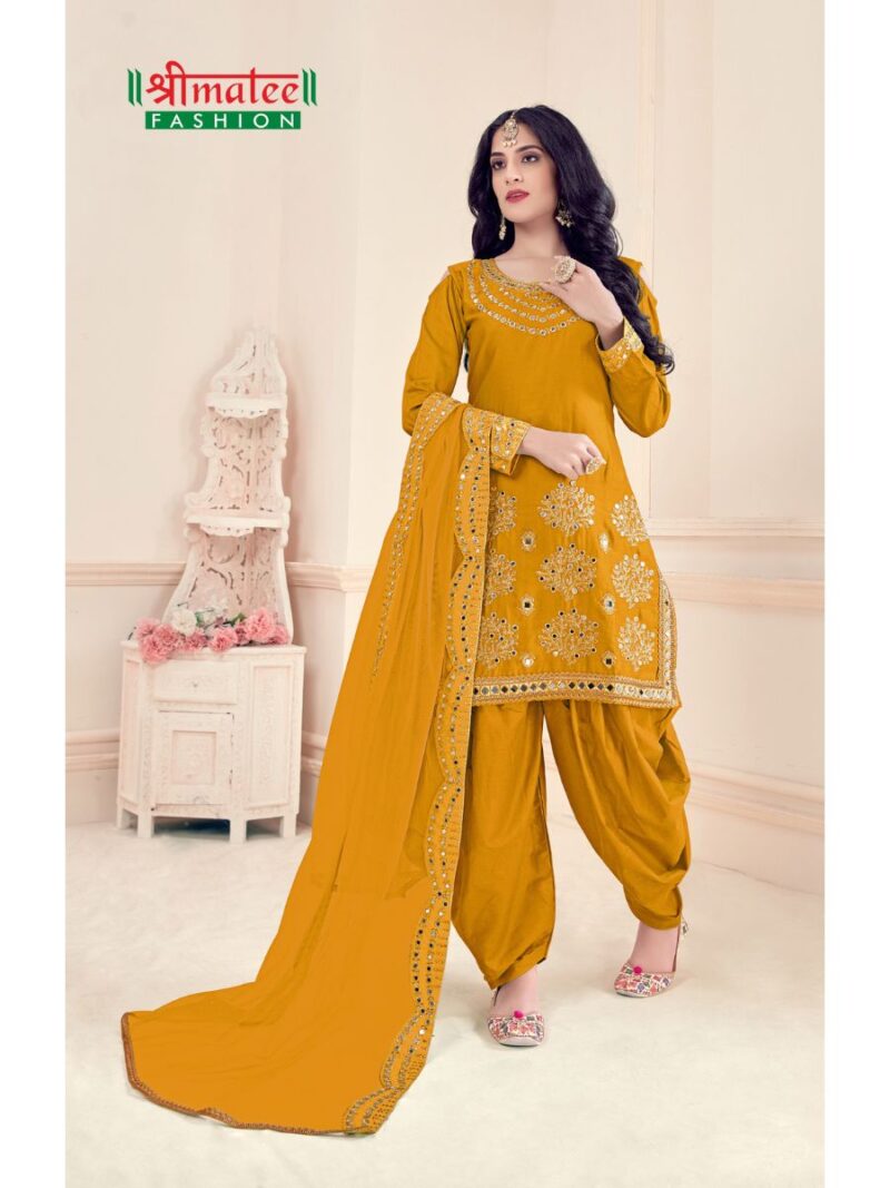 designer yellow real mirror patial suit for women, patial suit made from battalion silk fabric with thread embroidery and real mirror hand work finish, shreematee fashion real mirror patiala suit collection