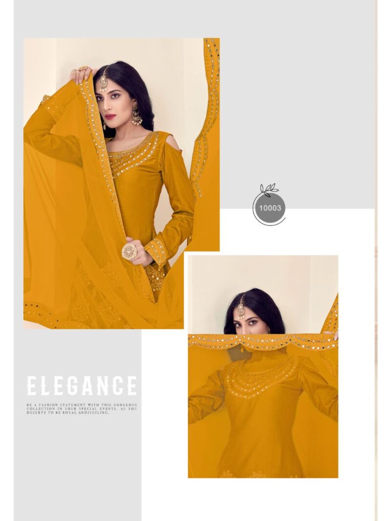 designer yellow real mirror patial suit for women, patial suit made from battalion silk fabric with thread embroidery and real mirror hand work finish, shreematee fashion real mirror patiala suit collection