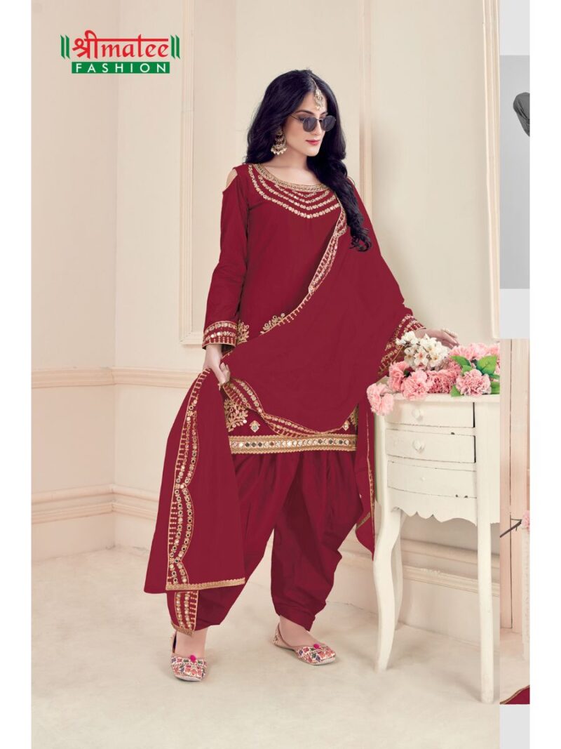 designer maroon real mirror patial suit for women, patial suit made from battalion silk fabric with thread embroidery and real mirror hand work finish, shreematee fashion real mirror patiala suit collection