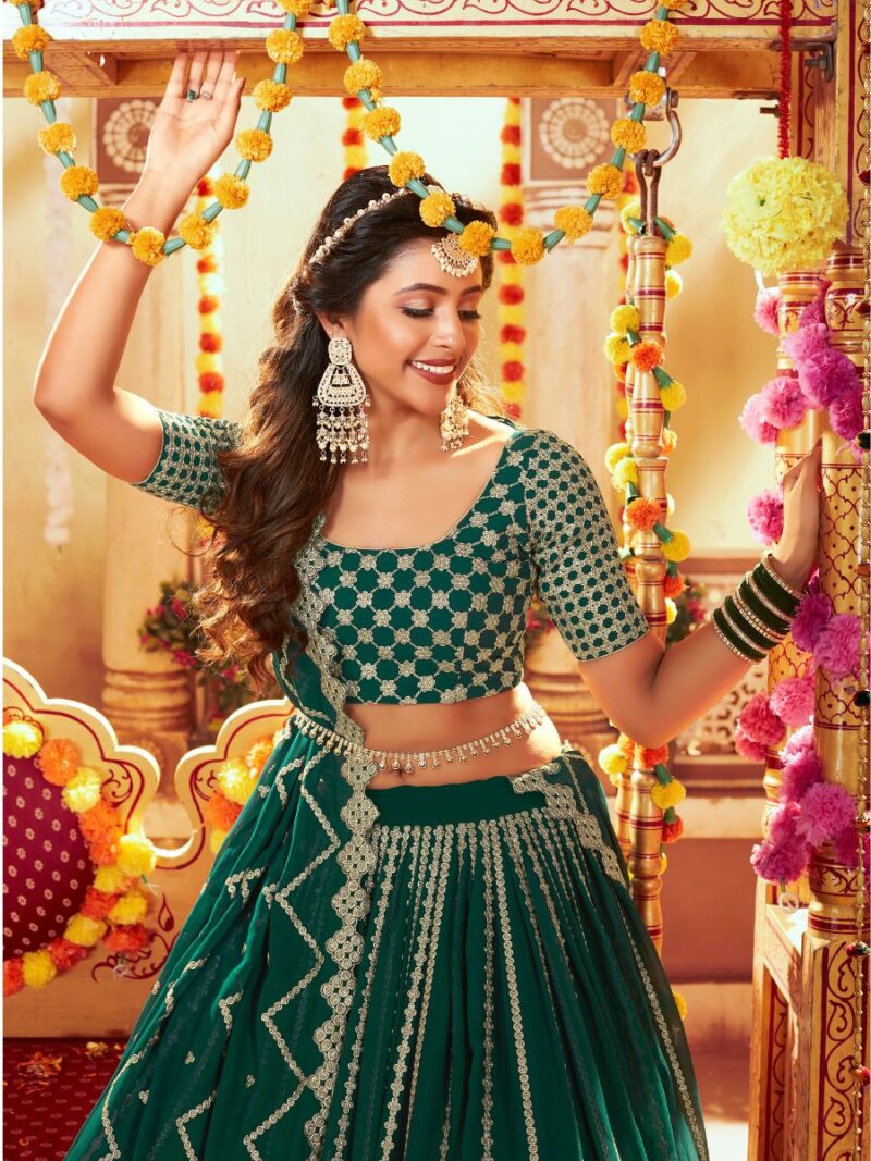 new green lehenga choli for women, make your ethnic wear look more traditional with this designer lehenga choli, lehenga choli with codding sequin embroidery work finish, shreematee fashion lehenga design