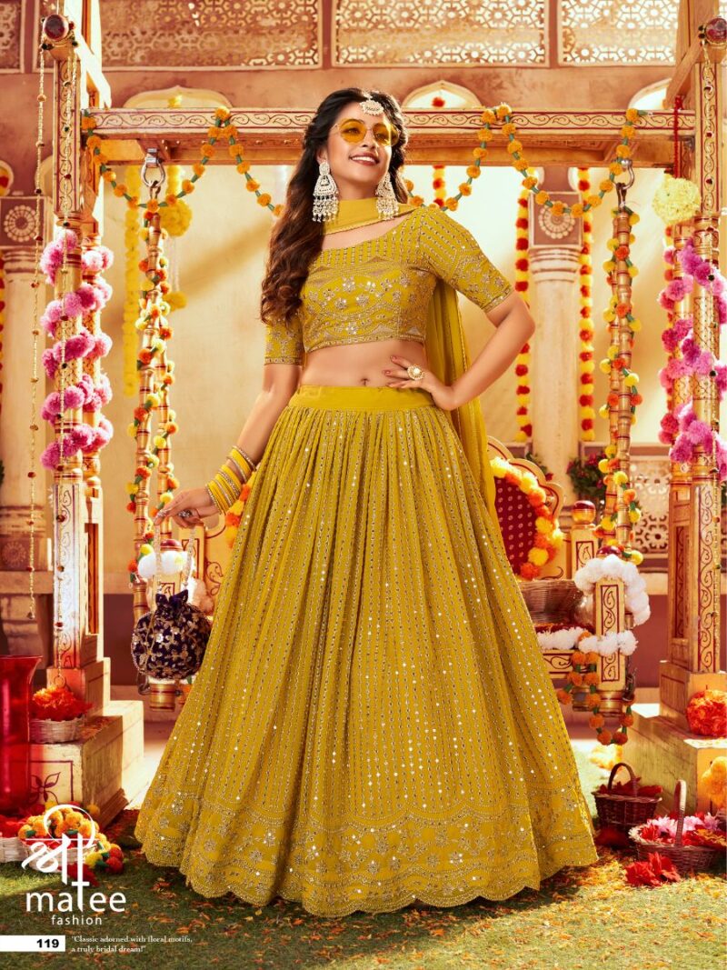 fancy lehenga choli for haldi mahendi function, make your sangeet function more exiting with this fancy yellow lehenga choli, shreematee fashion lehenga choli collection