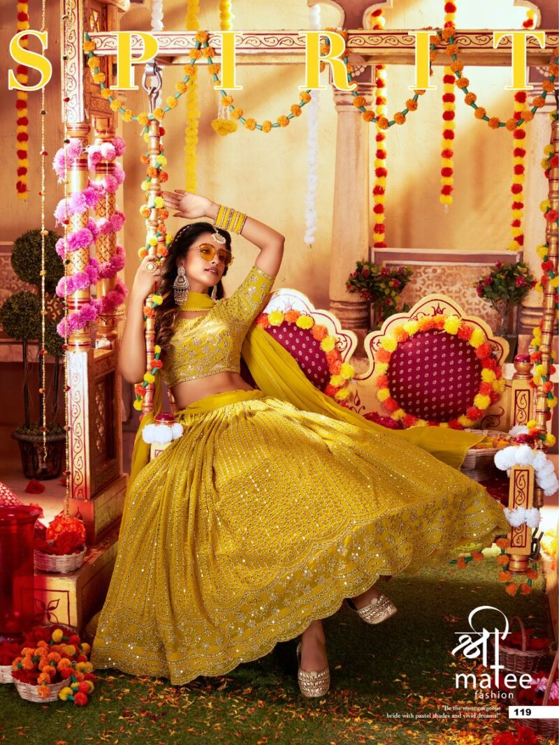 fancy lehenga choli for haldi mahendi function, make your sangeet function more exiting with this fancy yellow lehenga choli, shreematee fashion lehenga choli collection