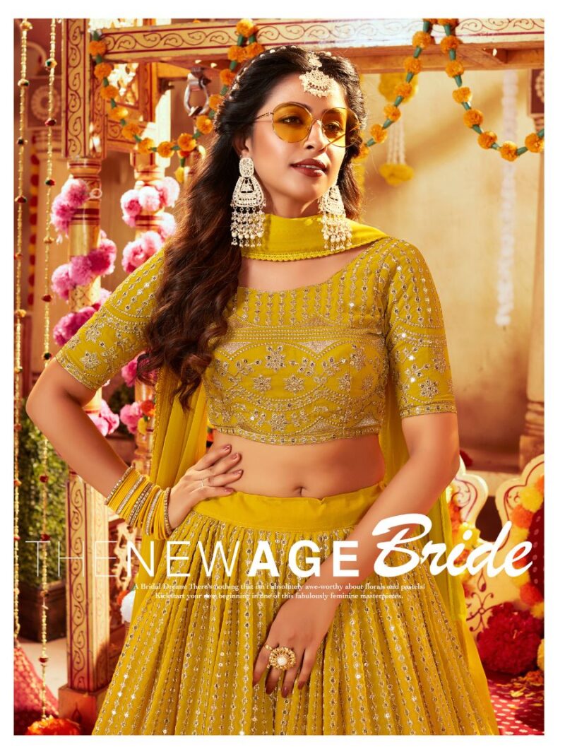 fancy lehenga choli for haldi mahendi function, make your sangeet function more exiting with this fancy yellow lehenga choli, shreematee fashion lehenga choli collection