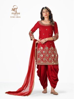 fancy real mirror patiala suit for women, suit based on battalion silk fabric with red color and thread embroidery with real mirror hand work finish, shreematee fashion real mirror patial suit