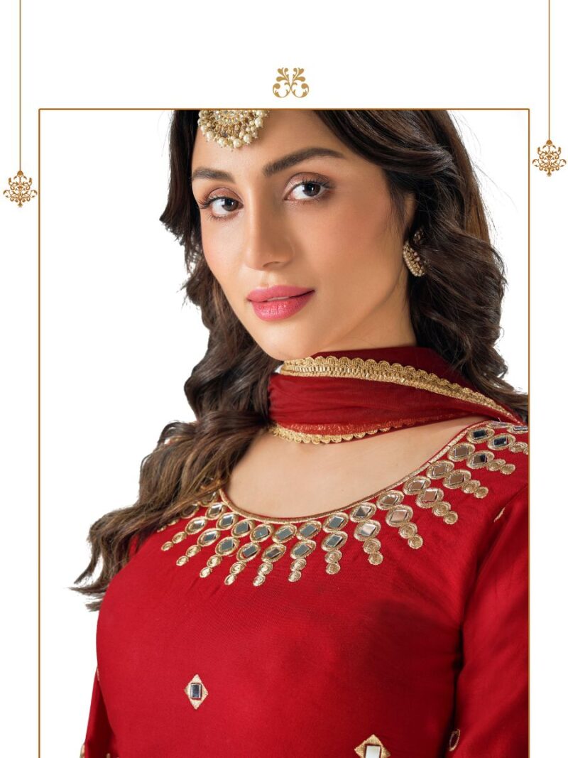 fancy real mirror patiala suit for women, suit based on battalion silk fabric with red color and thread embroidery with real mirror hand work finish, shreematee fashion real mirror patial suit