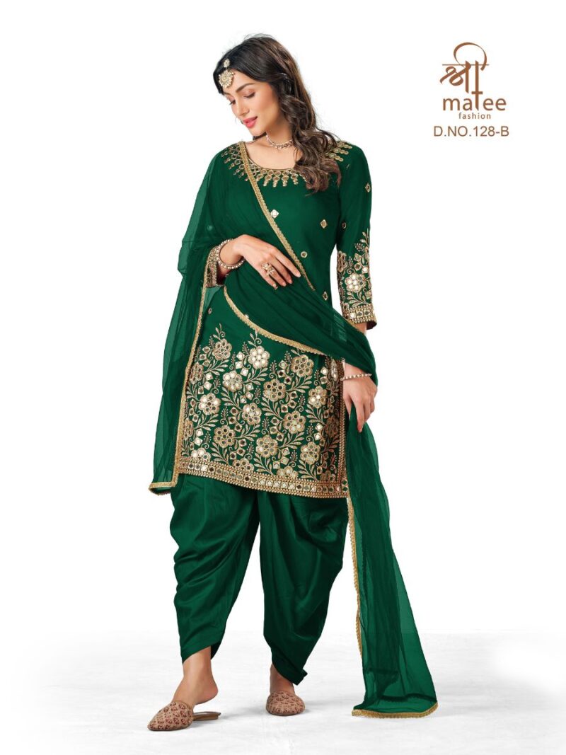 fancy real mirror patiala suit for women, suit based on battalion silk fabric with green color and thread embroidery with real mirror hand work finish, shreematee fashion real mirror patial suit