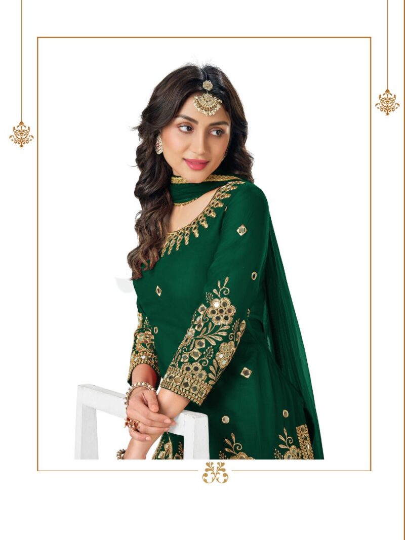 fancy real mirror patiala suit for women, suit based on battalion silk fabric with green color and thread embroidery with real mirror hand work finish, shreematee fashion real mirror patial suit