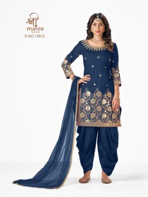 fancy real mirror patiala suit for women, suit based on battalion silk fabric with blue color and thread embroidery with real mirror hand work finish, shreematee fashion real mirror patial suit