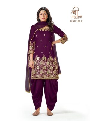 fancy real mirror patiala suit for women, suit based on battalion silk fabric with purple color and thread embroidery with real mirror hand work finish, shreematee fashion real mirror patial suit