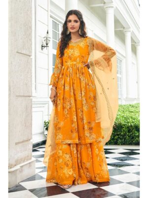 beautiful summer outfit, make your summer ethic wear look more attractive with this designer floral sharara suit made from georgette fabric finish orange color, sharara suit shreematee fashion