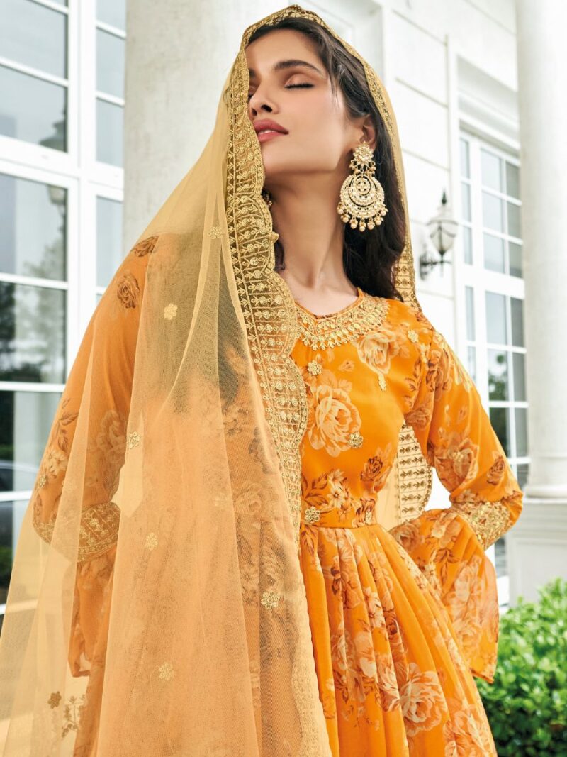 beautiful summer outfit, make your summer ethic wear look more attractive with this designer floral sharara suit made from georgette fabric finish orange color, sharara suit shreematee fashion