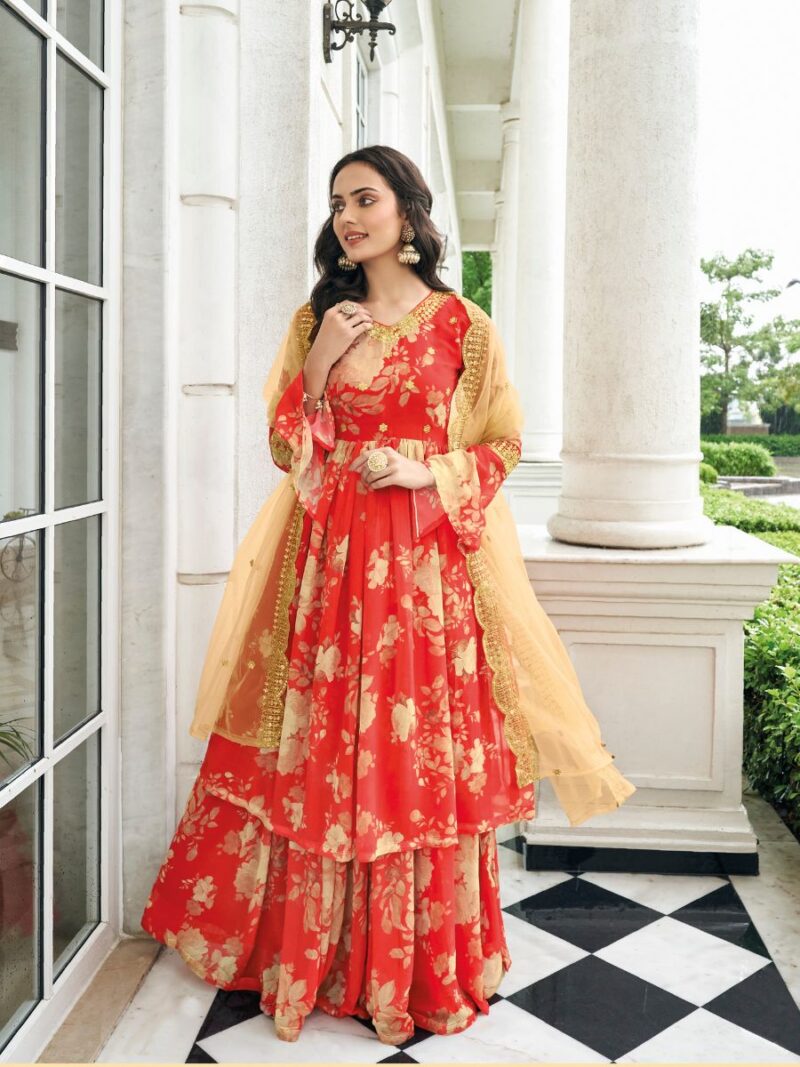 beautiful summer outfit, make your summer ethic wear look more attractive with this designer floral sharara suit made from georgette fabric finish red color, sharara suit shreematee fashion