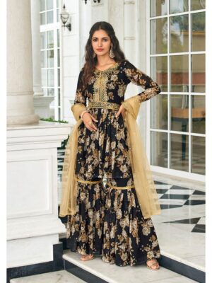 beautiful summer outfit, make your summer ethic wear look more attractive with this designer floral sharara suit made from georgette fabric finish black color, sharara suit shreematee fashion