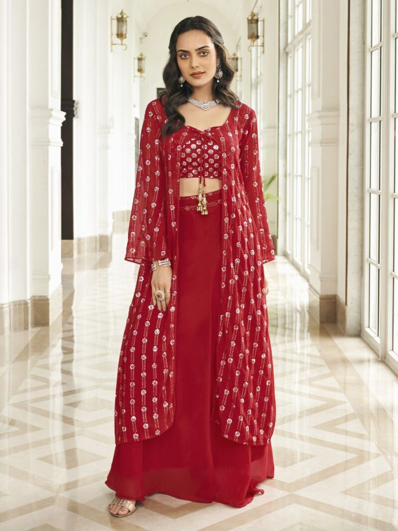 make your ethnic wear look more attractive with this designer koti / jacket style sharara suit collection, the suit comes with georgette fabric and sequin embroidery work finish, suit collection at shreematee fashion