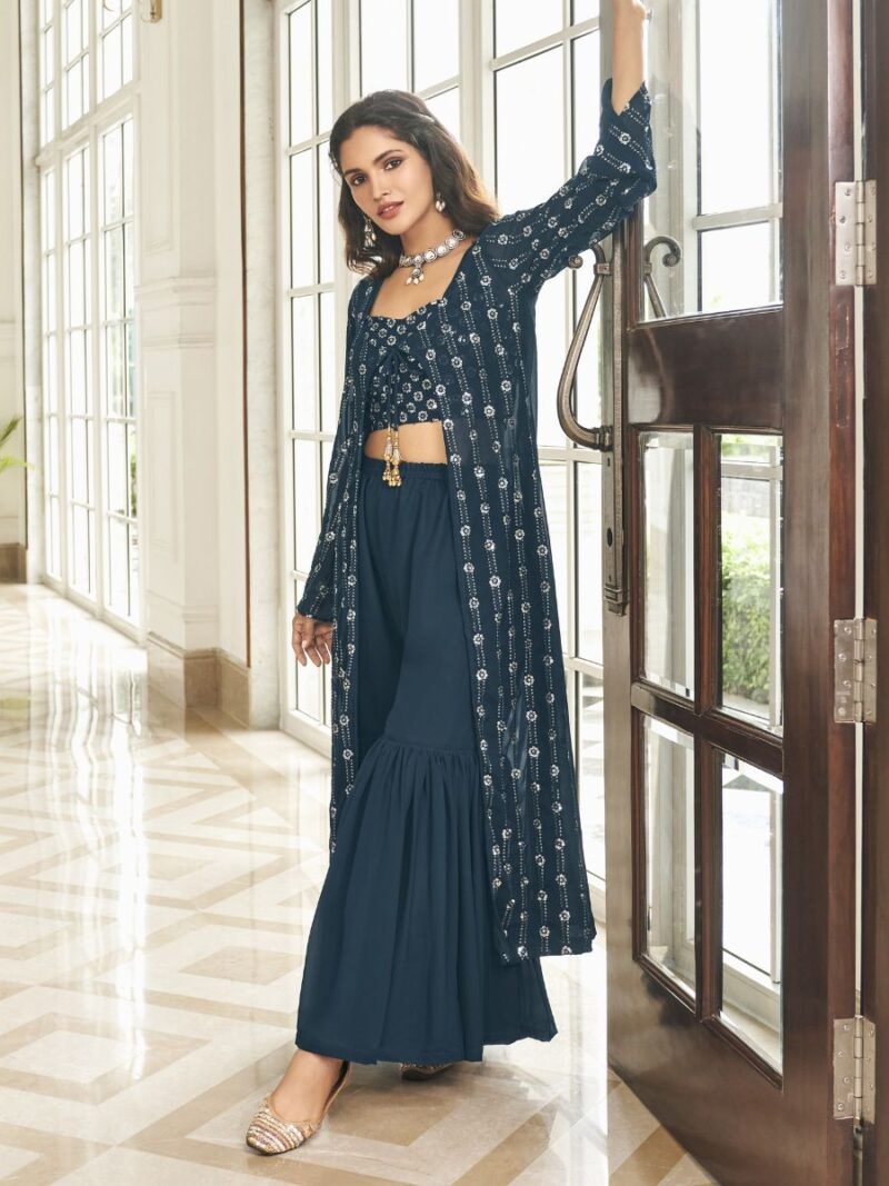 make your ethnic wear look more attractive with this designer koti / jacket style sharara suit collection, the suit comes with georgette fabric and sequin embroidery work finish, suit collection at shreematee fashion