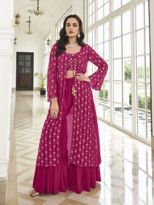 make your ethnic wear look more attractive with this designer koti / jacket style sharara suit collection, the suit comes with georgette fabric and sequin embroidery work finish, suit collection at shreematee fashion