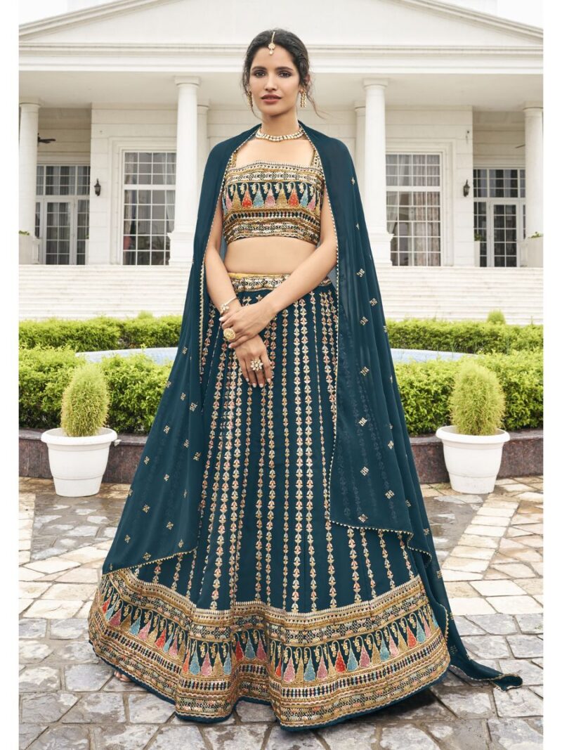 new fancy crop top lehenga choli for women, make your party and cocktail look more attractive with this fancy lehenga choli, lehenga choli with georgette fabric and thread sequin embroidery work finish, rama blue lehenga choli shreematee fashion