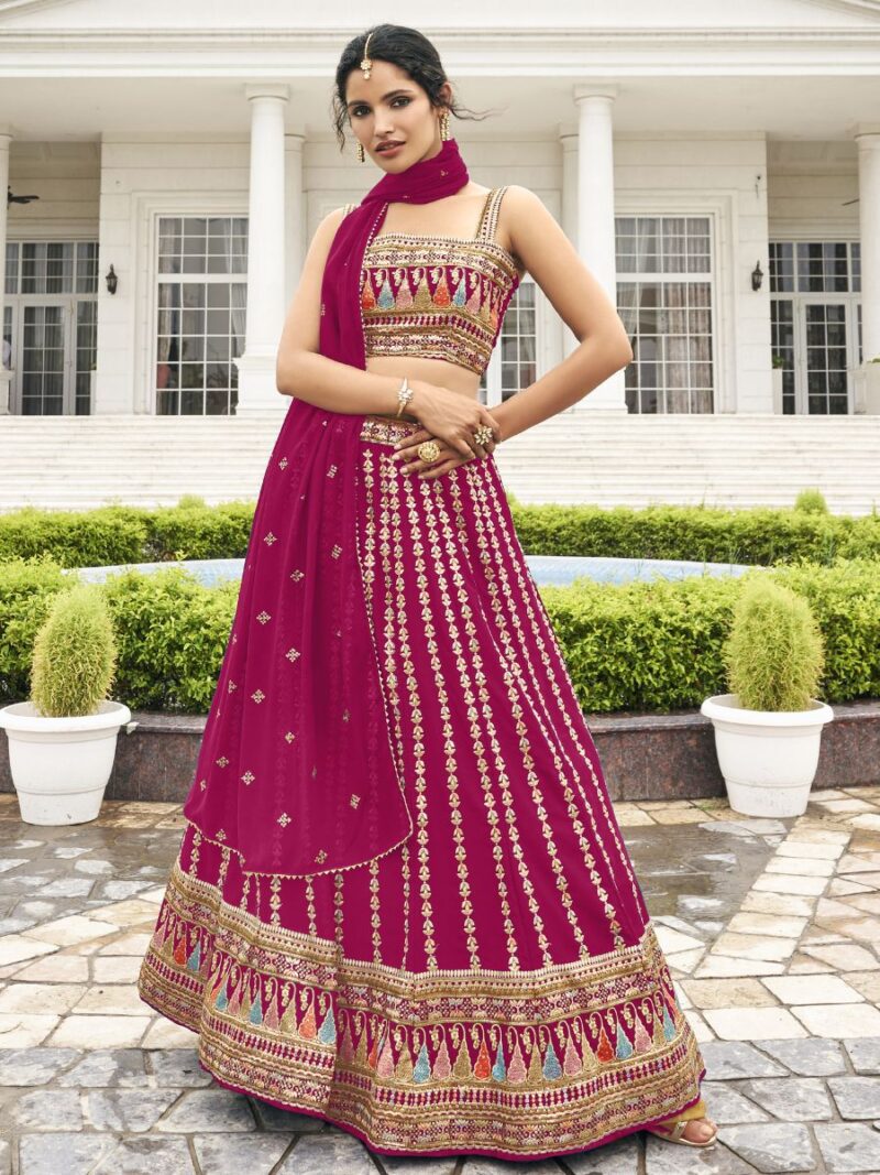 new fancy crop top lehenga choli for women, make your party and cocktail look more attractive with this fancy lehenga choli, lehenga choli with georgette fabric and thread sequin embroidery work finish, rani pink lehenga choli shreematee fashion