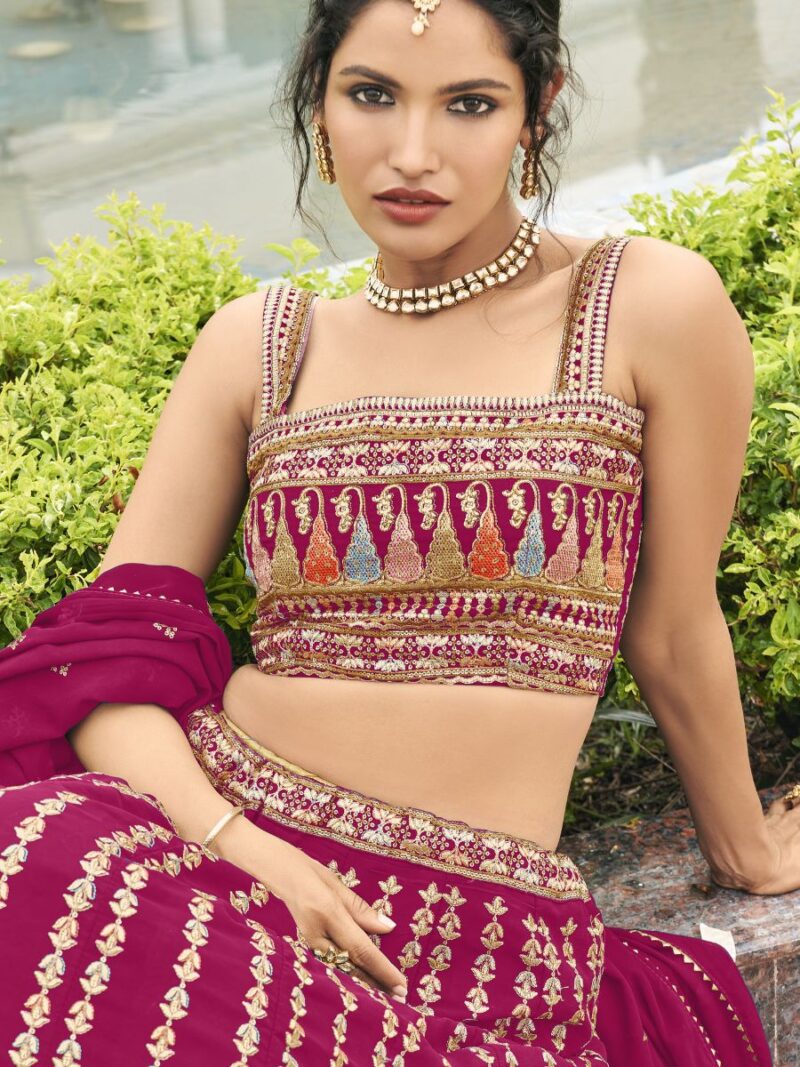 new fancy crop top lehenga choli for women, make your party and cocktail look more attractive with this fancy lehenga choli, lehenga choli with georgette fabric and thread sequin embroidery work finish, rani pink lehenga choli shreematee fashion