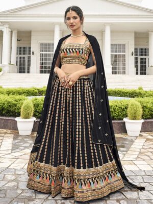 new fancy crop top lehenga choli for women, make your party and cocktail look more attractive with this fancy lehenga choli, lehenga choli with georgette fabric and thread sequin embroidery work finish, black lehenga choli shreematee fashion