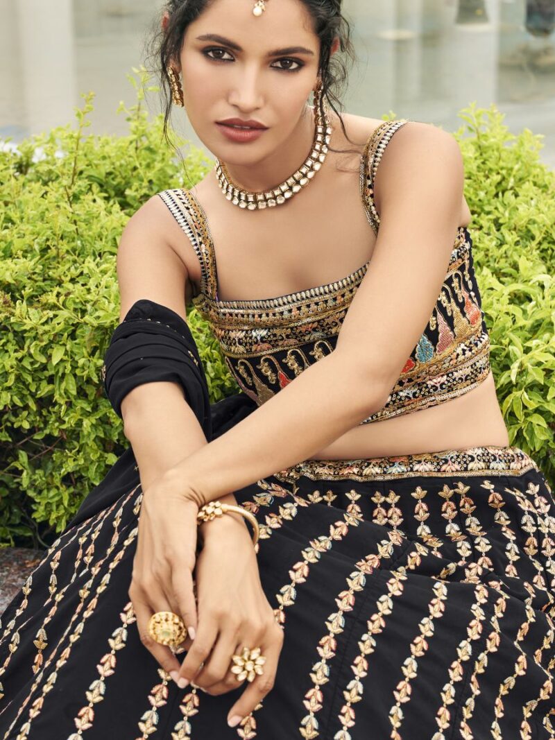 new fancy crop top lehenga choli for women, make your party and cocktail look more attractive with this fancy lehenga choli, lehenga choli with georgette fabric and thread sequin embroidery work finish, black lehenga choli shreematee fashion