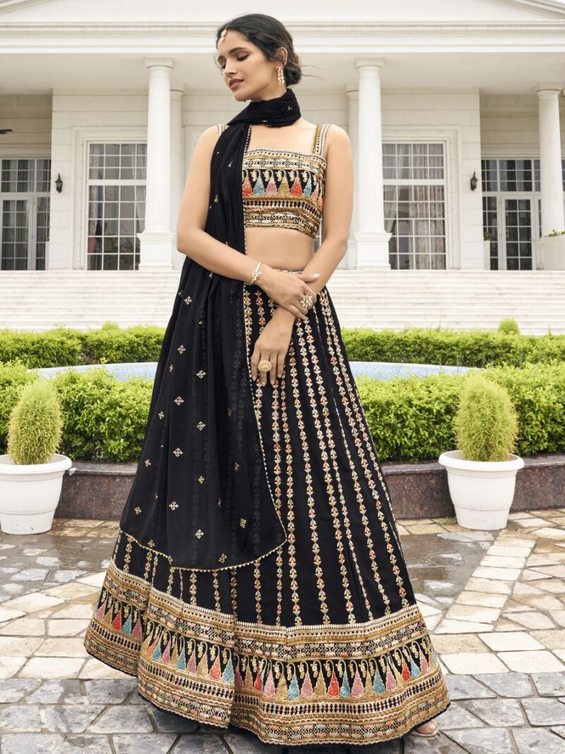 new fancy crop top lehenga choli for women, make your party and cocktail look more attractive with this fancy lehenga choli, lehenga choli with georgette fabric and thread sequin embroidery work finish, black lehenga choli shreematee fashion