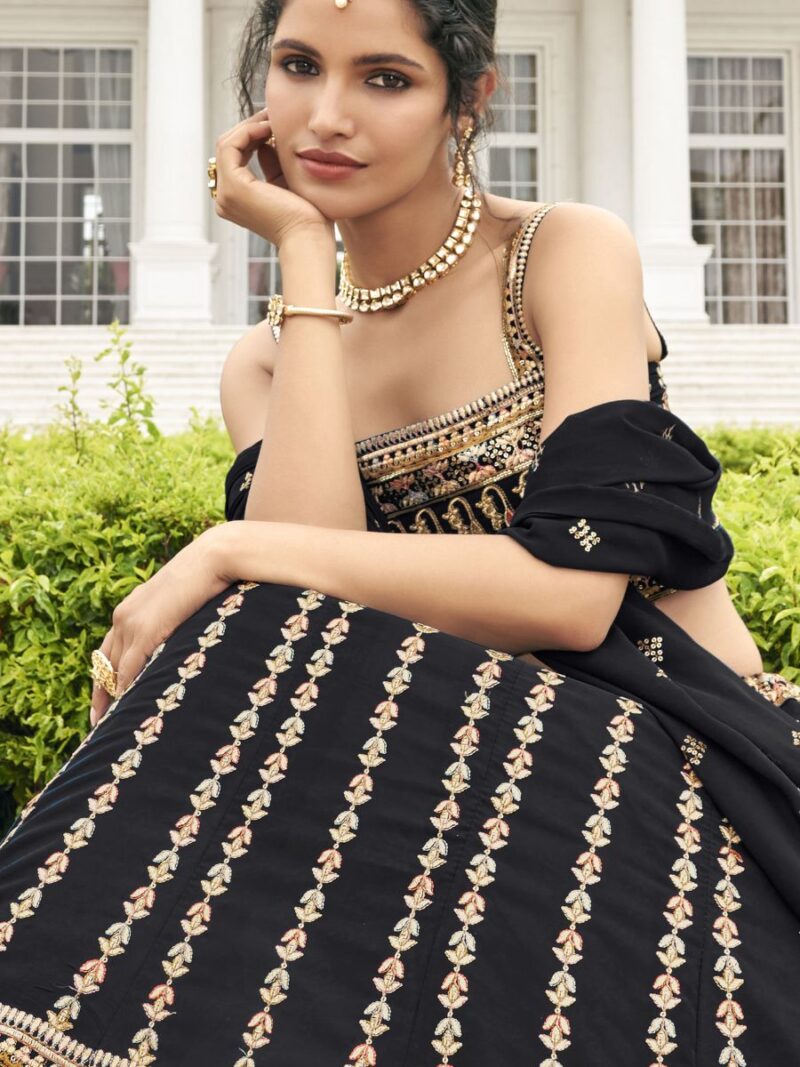 new fancy crop top lehenga choli for women, make your party and cocktail look more attractive with this fancy lehenga choli, lehenga choli with georgette fabric and thread sequin embroidery work finish, black lehenga choli shreematee fashion