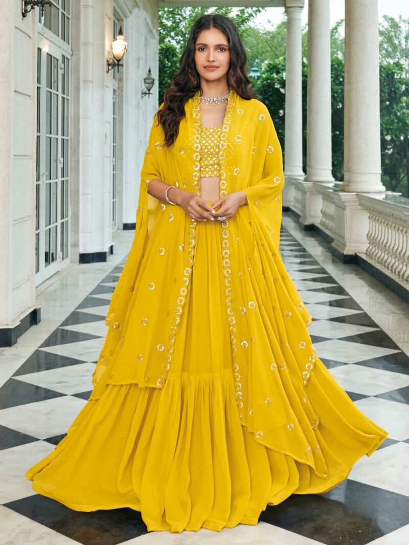 latest ready to wear lehenga choli with georgette fabric finish, yellow lehenga choli with beautiful sequin embroidery work, shreematee fashion lehenga choli collection