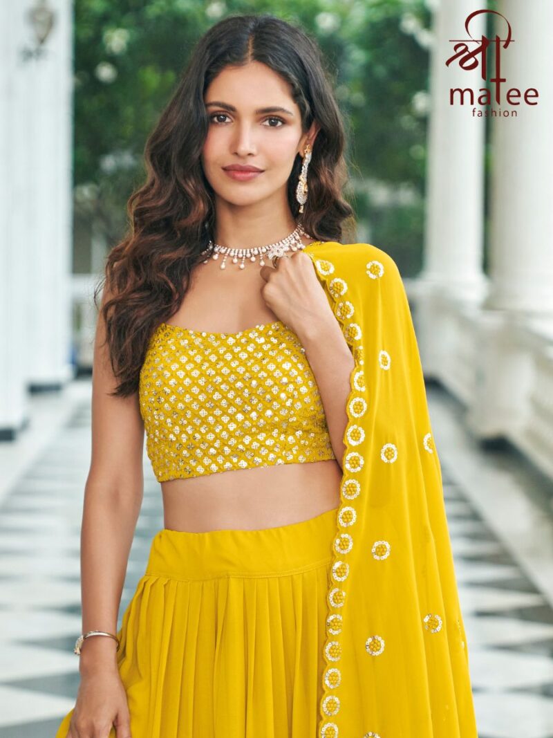 latest ready to wear lehenga choli with georgette fabric finish, yellow lehenga choli with beautiful sequin embroidery work, shreematee fashion lehenga choli collection