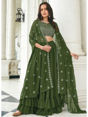 latest ready to wear lehenga choli with georgette fabric finish, mehndi lehenga choli with beautiful sequin embroidery work, shreematee fashion lehenga choli collection