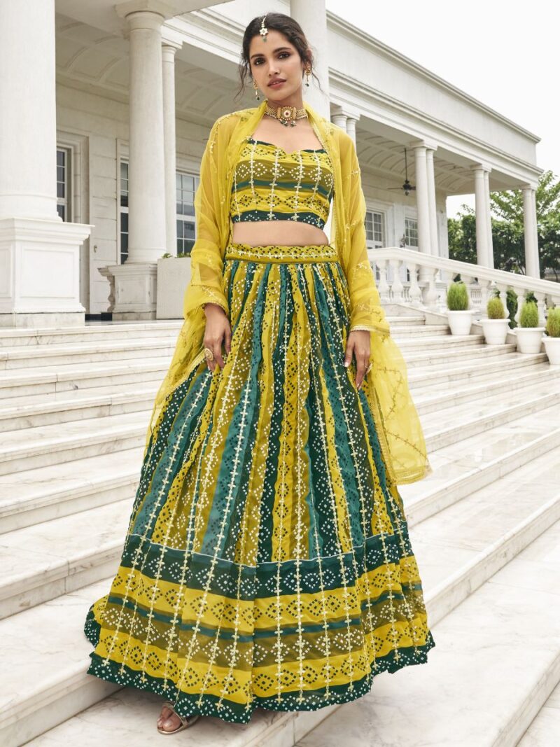 new designer lehenga choli with fancy bandej print and thread sequin embroidery work finish, lehenga choli for bride wedding lehenga collection at shreematee fashion