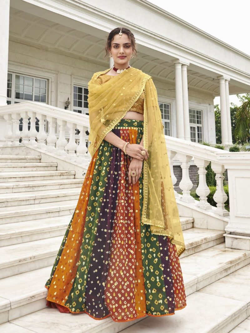 new designer lehenga choli with fancy bandej print and thread sequin embroidery work finish, lehenga choli for bride wedding lehenga collection at shreematee fashion