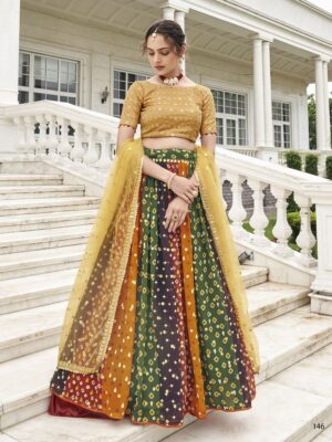 new designer lehenga choli with fancy bandej print and thread sequin embroidery work finish, lehenga choli for bride wedding lehenga collection at shreematee fashion