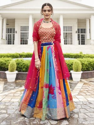 new designer lehenga choli with fancy bandej print and thread sequin embroidery work finish, lehenga choli for bride wedding lehenga collection at shreematee fashion