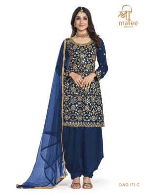 blue battalion silk based real mirror patiala suit collection for women, make your ethnic wear look more attractive with this designer suit collection at shreematee fashion