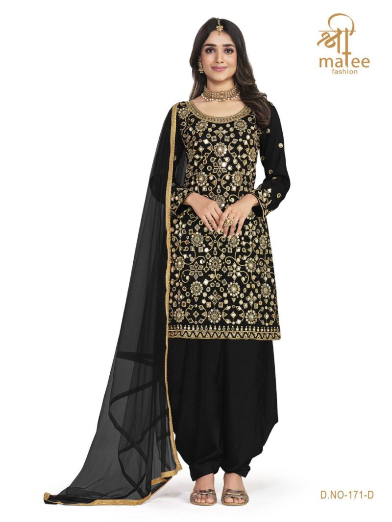 black battalion silk based real mirror patiala suit collection for women, make your ethnic wear look more attractive with this designer suit collection at shreematee fashion