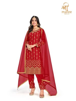 new red straight suit for women with beautiful thread embroidery and real mirror hand work finish on soft silk fabric, latest suit collection of shreematee fashion