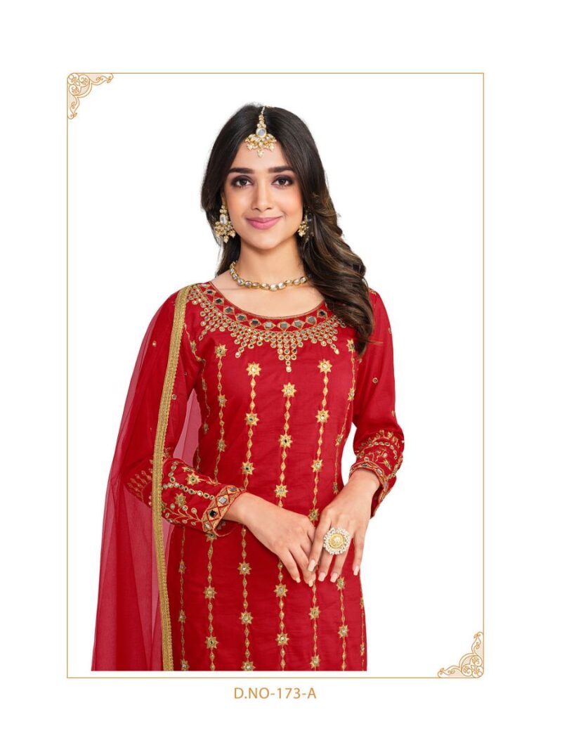 new red straight suit for women with beautiful thread embroidery and real mirror hand work finish on soft silk fabric, latest suit collection of shreematee fashion