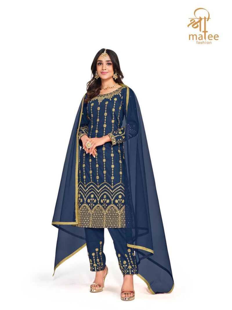 new blue straight suit for women with beautiful thread embroidery and real mirror hand work finish on soft silk fabric, latest suit collection of shreematee fashion