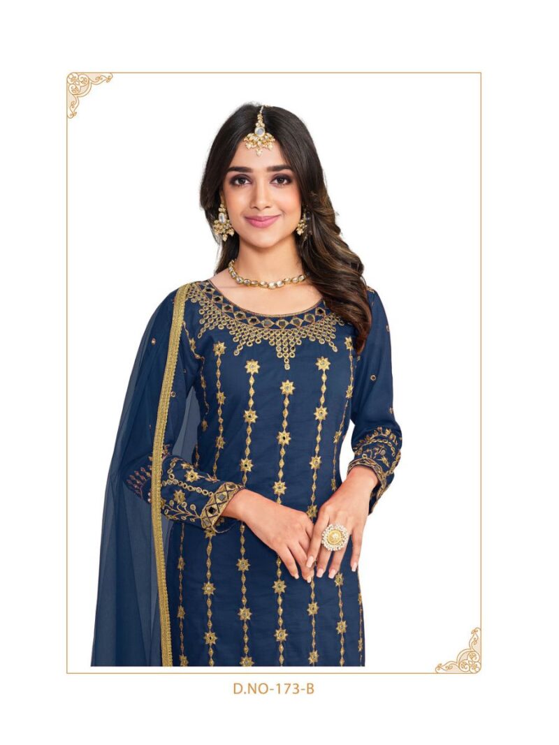 new blue straight suit for women with beautiful thread embroidery and real mirror hand work finish on soft silk fabric, latest suit collection of shreematee fashion