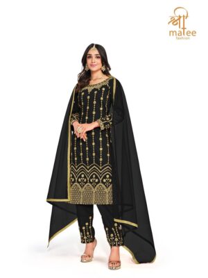 new black straight suit for women with beautiful thread embroidery and real mirror hand work finish on soft silk fabric, latest suit collection of shreematee fashion