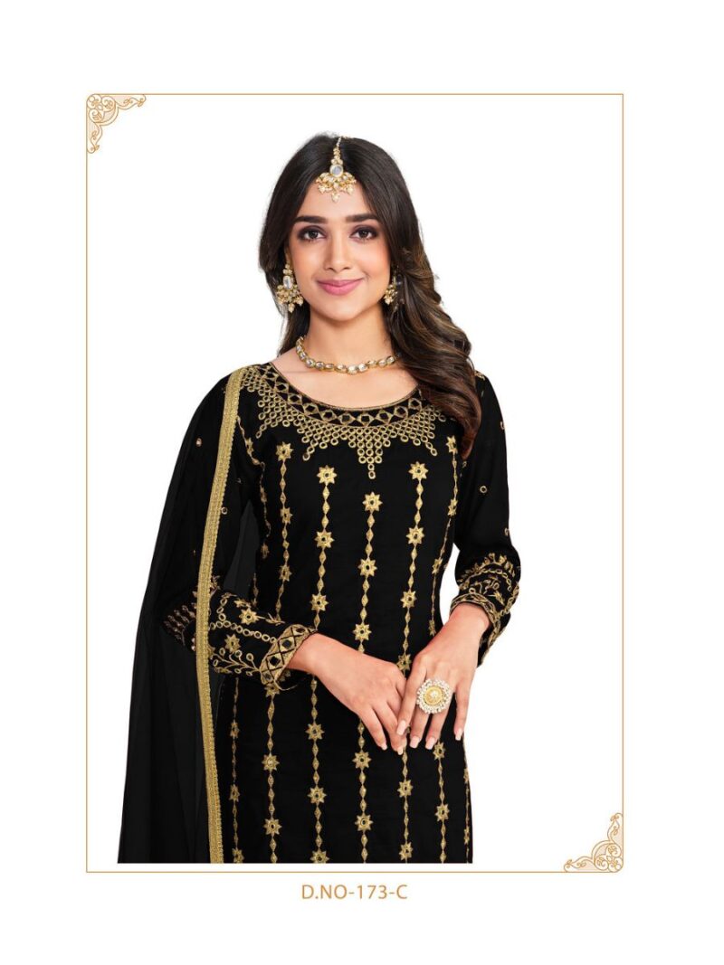 new black straight suit for women with beautiful thread embroidery and real mirror hand work finish on soft silk fabric, latest suit collection of shreematee fashion