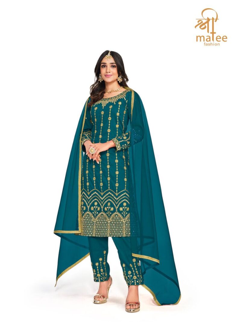 new teal blue straight suit for women with beautiful thread embroidery and real mirror hand work finish on soft silk fabric, latest suit collection of shreematee fashion