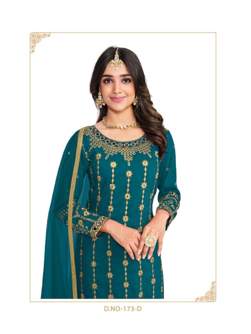 new teal blue straight suit for women with beautiful thread embroidery and real mirror hand work finish on soft silk fabric, latest suit collection of shreematee fashion