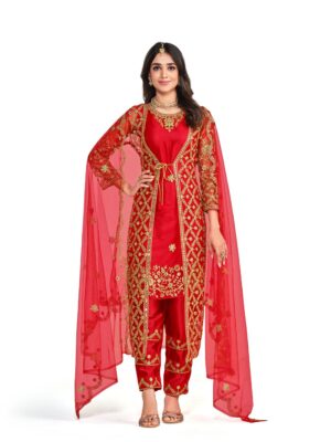 latest red net based straight suit with traditional thread embroidery and real mirror work finish, shreematee fashion's beautiful suit collection