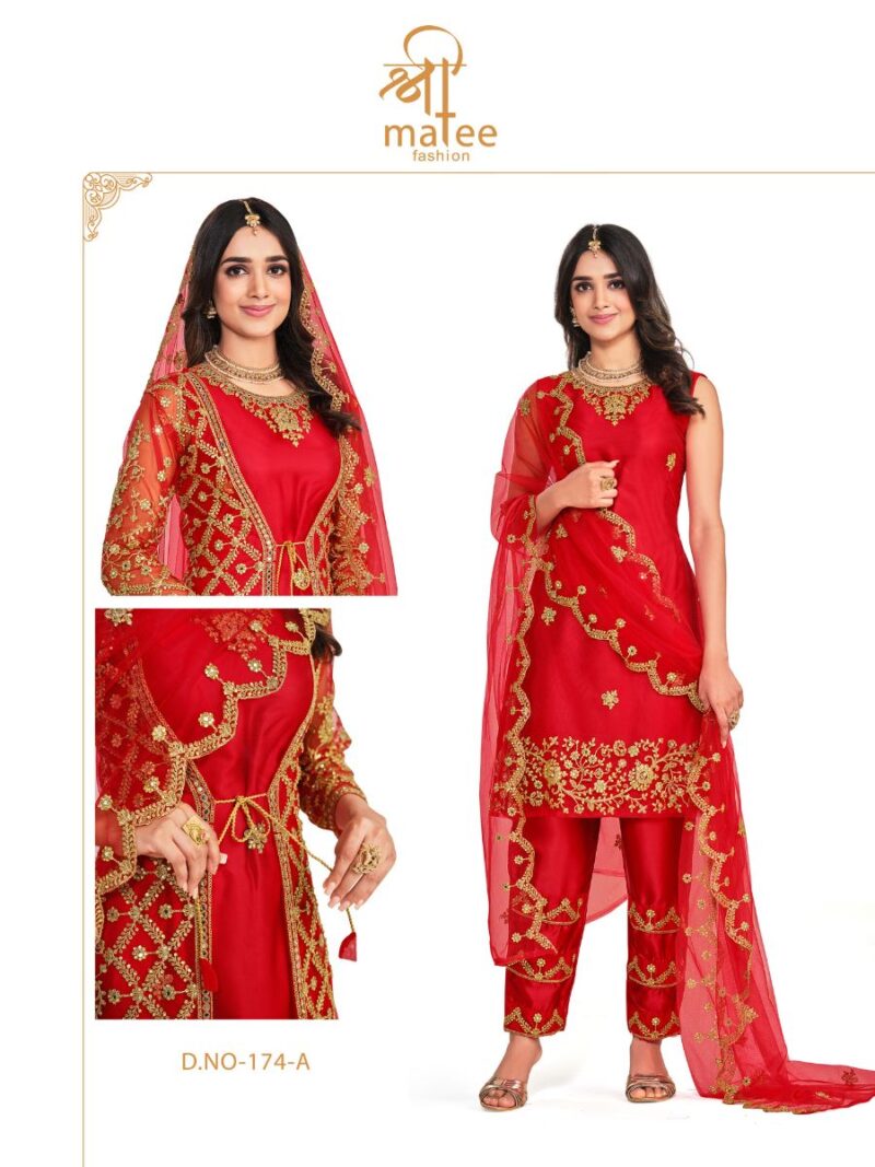 latest red net based straight suit with traditional thread embroidery and real mirror work finish, shreematee fashion's beautiful suit collection