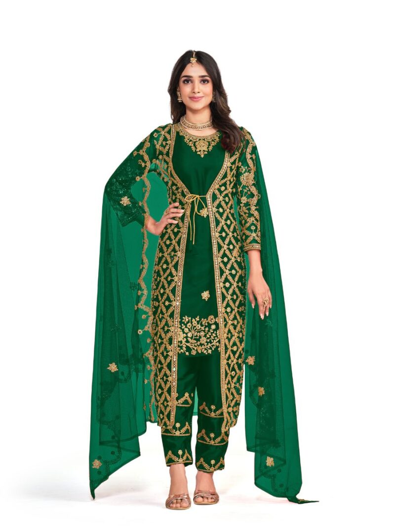 latest green net based straight suit with traditional thread embroidery and real mirror work finish, shreematee fashion's beautiful suit collection